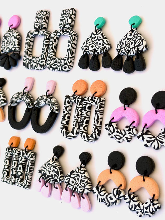 Large Retro Rectangle Dangles - Monochrome Blush