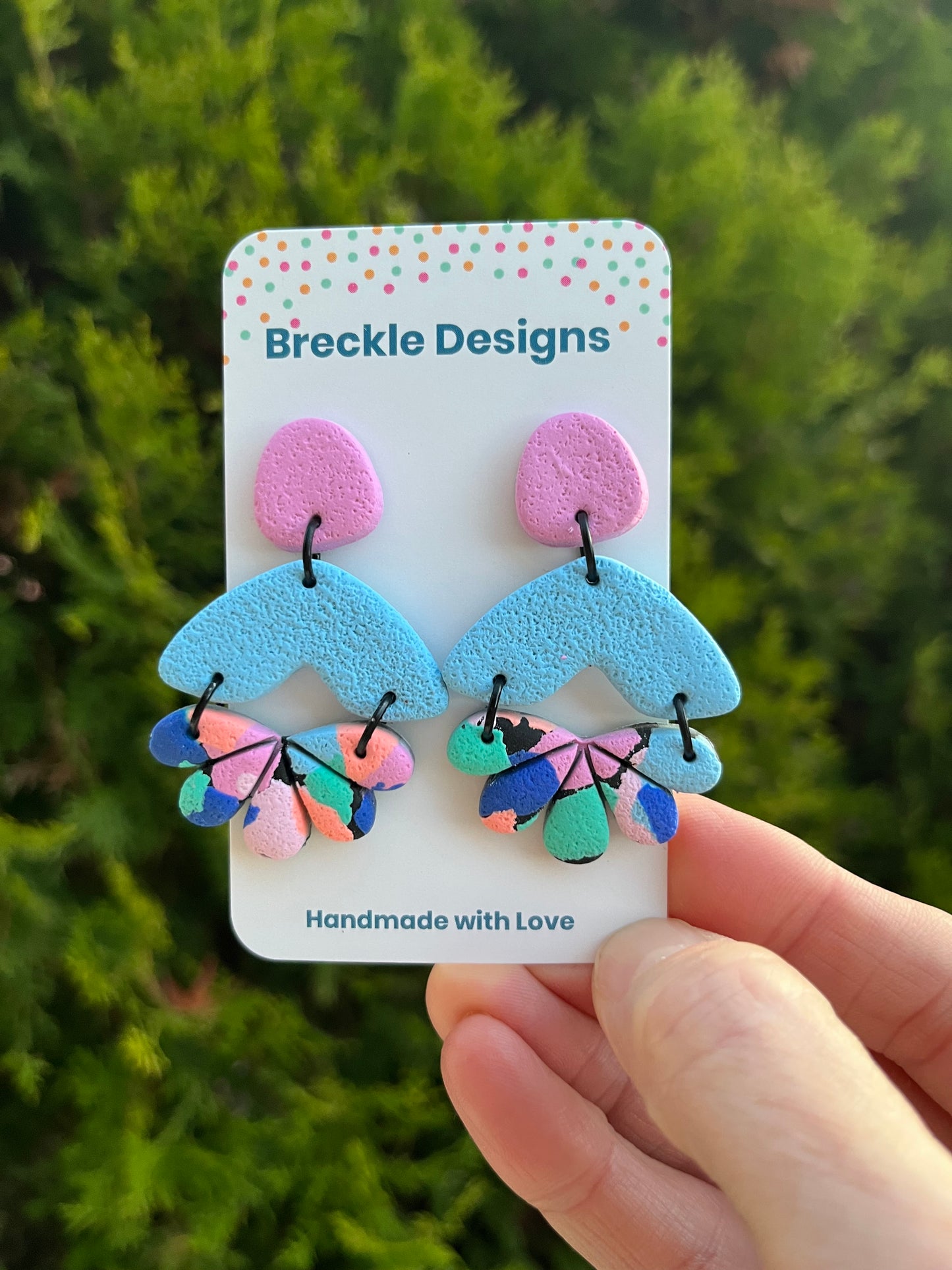 Lucy Dangle Earrings - Neon Nights - Pink Stud, Light Blue Middle