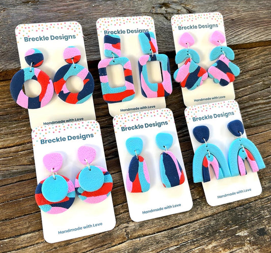 Large Round Dangles - Electric Blues (Pink, Aqua, Navy and Red)