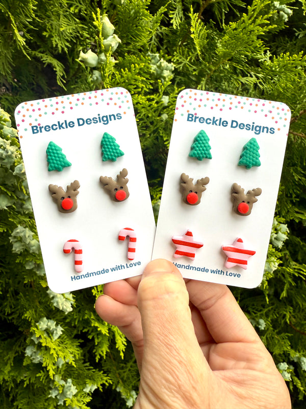 Christmas 3 pack of Studs - Tree, Rudolph, Striped Stars