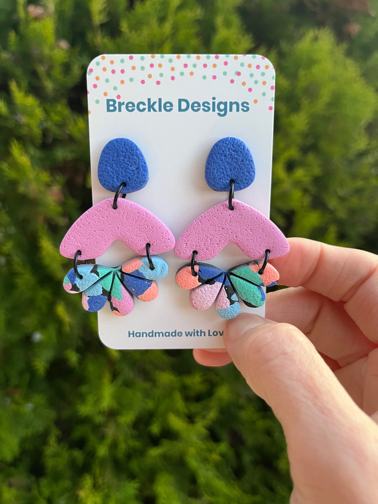 Lucy Dangle Earrings - Neon Nights - Royal Blue Stud, Lavender Pink Middle
