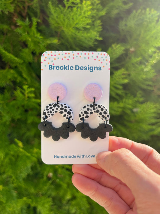 Lucy Dangle Earrings (small) - Black and Whites Spots with Pale Pink Stud