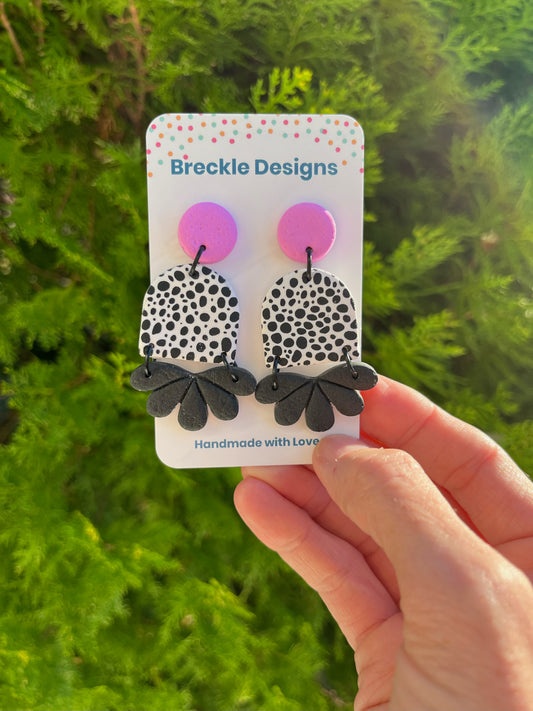 Hazel Dangles - Black and White Spots with Hot Pink Stud
