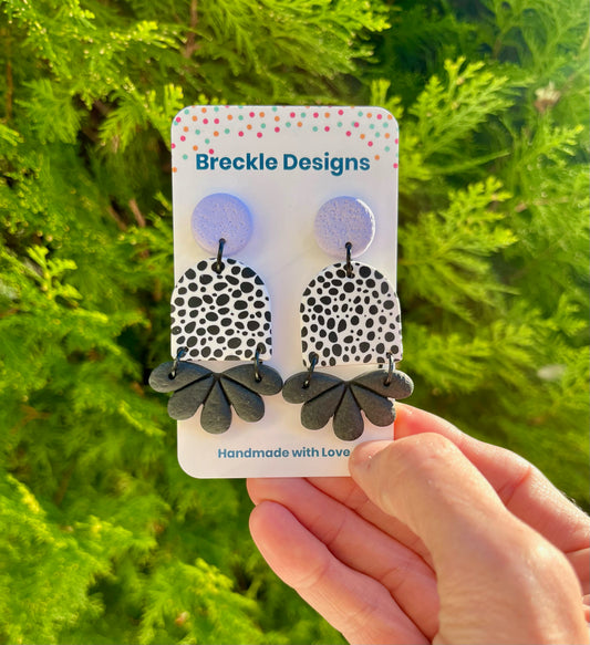 Hazel Dangles - Black and White Spots with Lavender Stud
