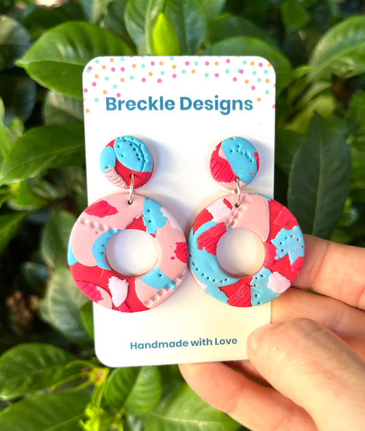 Large Round Dangles - Red, Pink and Aqua Blue