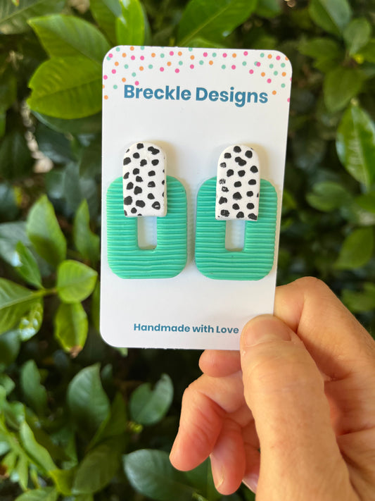 Macy Drop Studs - Green with White and Black Abstract Spots